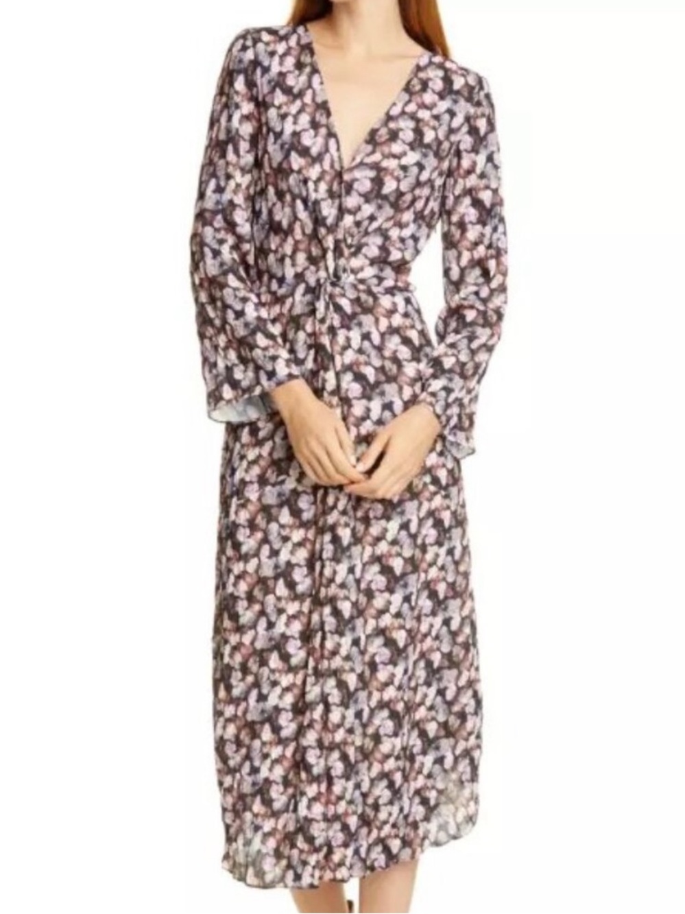 Vince Floral V-Neck Long Sleeve Midi Dress
